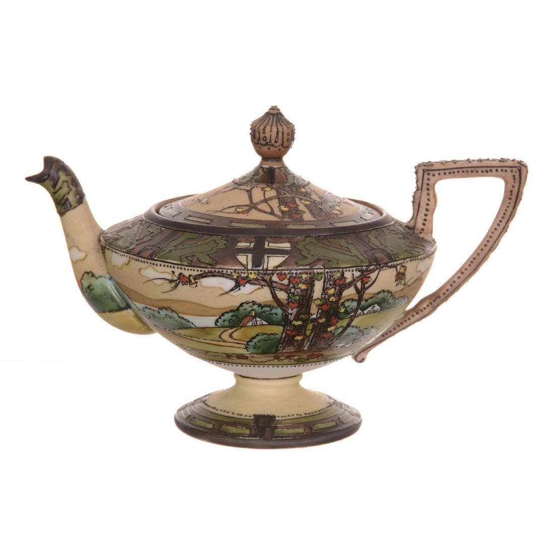 Nippon Pedestal Tea Pot: Nippon Pedestal Tea Pot - 5.25" X 8.25" - Blue Maple Leaf Mark - Stylized Field Scenic Decor - Border Has Lion Crest Emblems