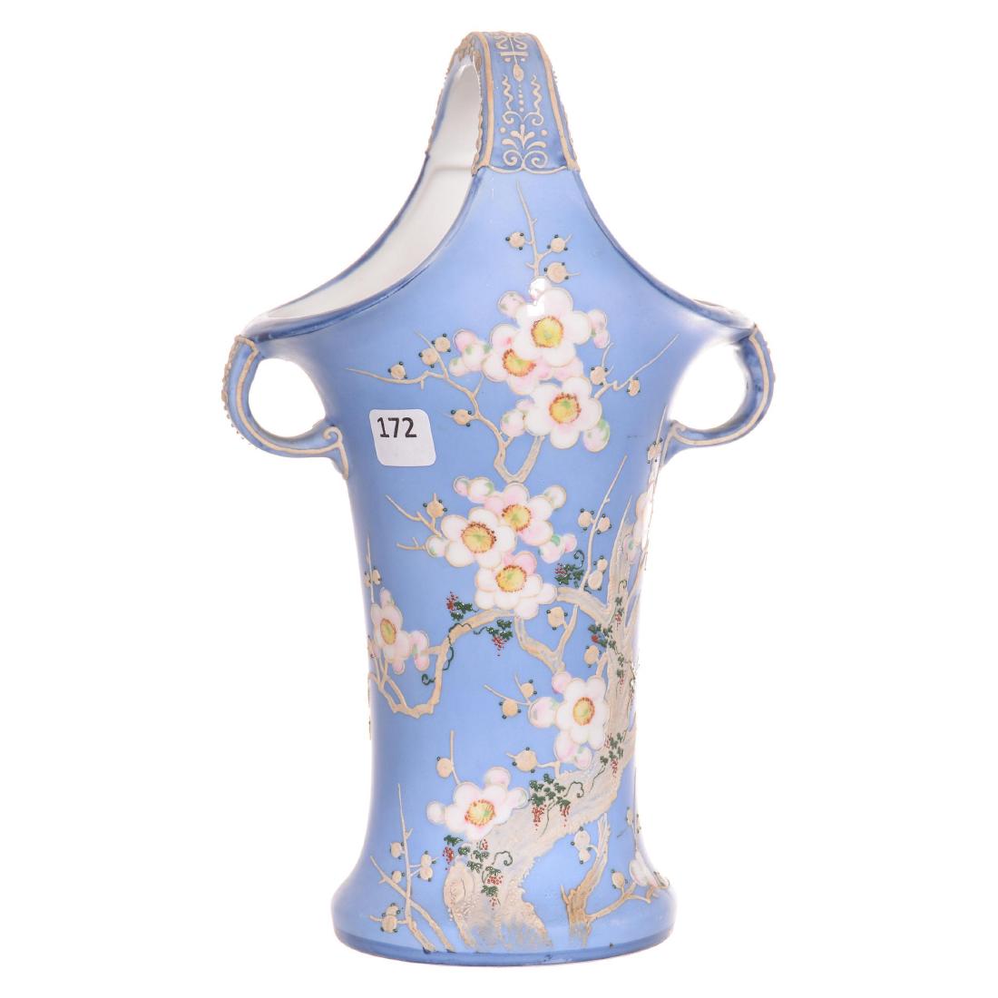 Nippon Basket: Nippon Basket - 11" - Green Wreath Mark - Soft Blue with Cherry Blossom Decor and Applied Moriaga Branches