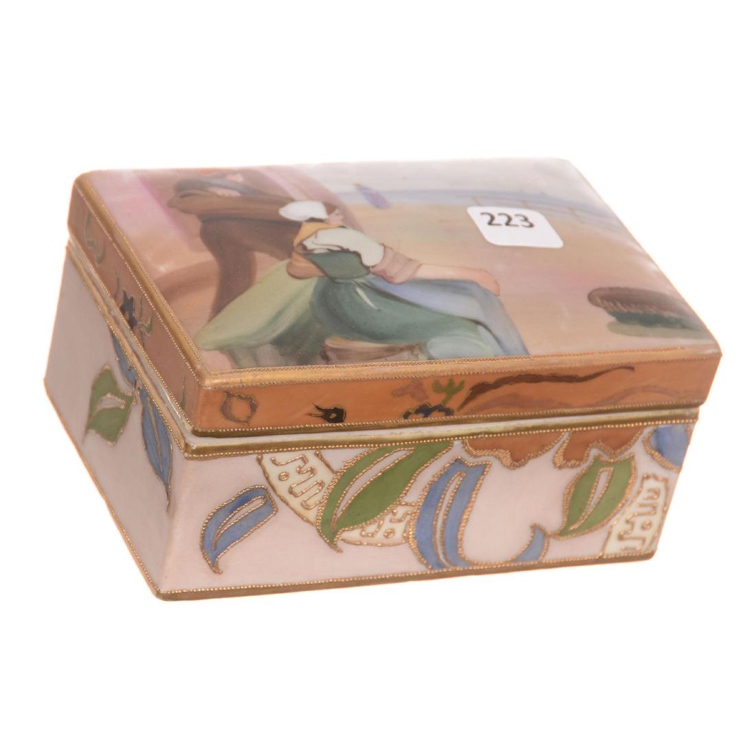 Nippon Covered Box: Nippon Covered Box - 3" X 5.5" X 3.75" - Green Wreath Mark - Harbor Scene - Floral Highlights with Gold Tracings