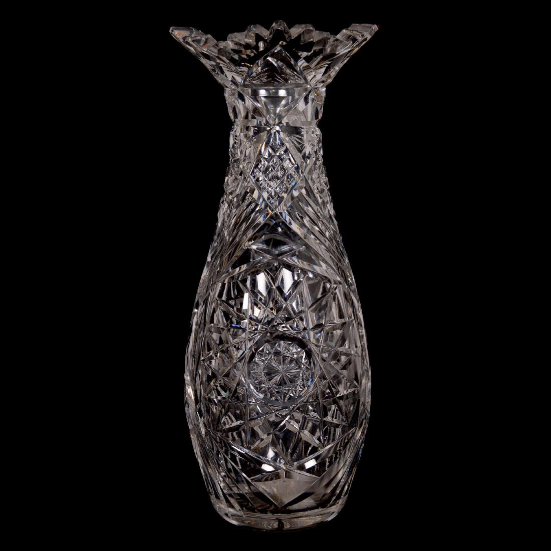 American Brilliant Cut Glass Bulbous Vase: American Brilliant Cut Glass Bulbous Vase - 16.25" - Hobstar, Crosscut Diamond and Fan Motif - Blank Is Twice as Thick as Normal - Unknown Cutter - Outside Rim Chip and (3) Points Epoxy Filled