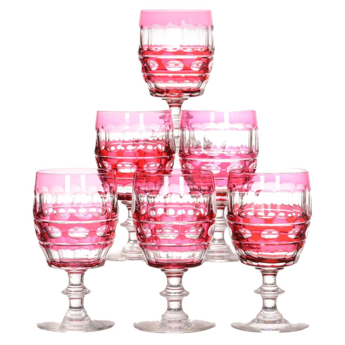 (6) Cranberry Cut to Clear Water Goblets (1 of 2)