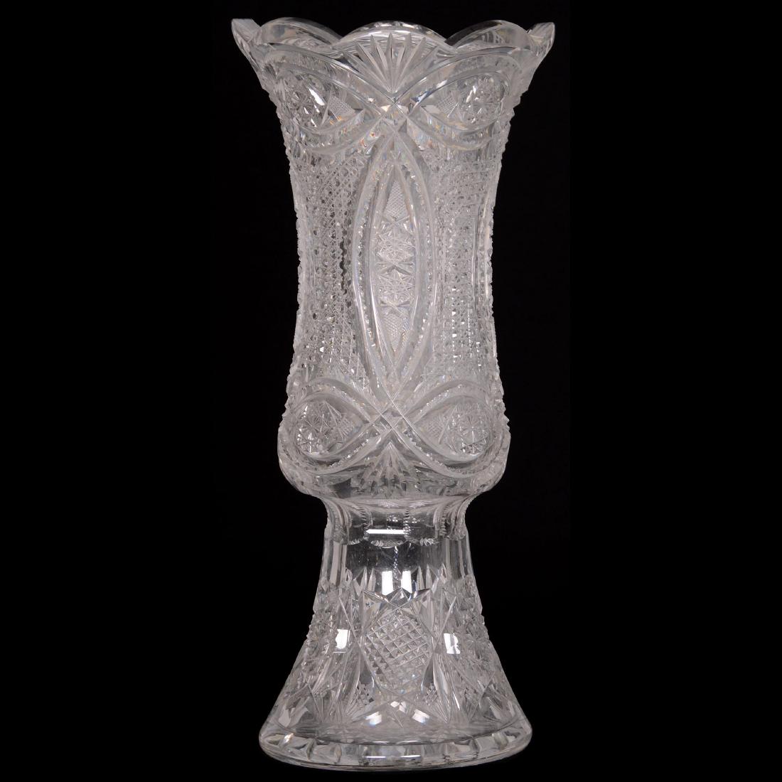Vase - ABCG: Vase - ABCG 16" Large Hobstar Base with Lower Portion Featuring Nailhead Diamond "Kites" with Hobstar Highlights - Remaining Section Features Vesica, Cane, Hobstar, Prism and Fan Motif - Nice Size!