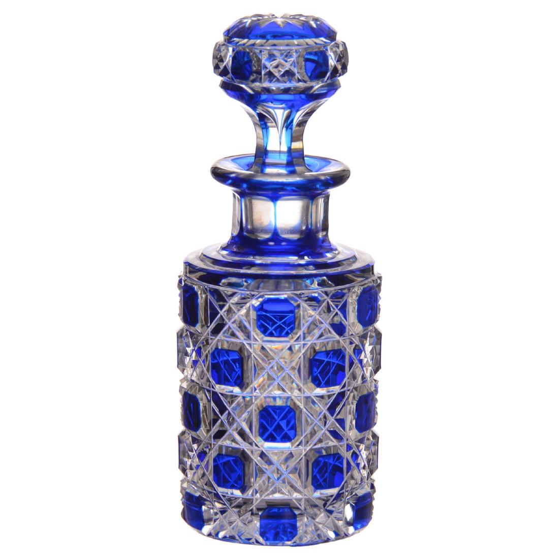 Blue Cut to Clear Perfume Bottle: Blue Cut to Clear Perfume Bottle - 4.75" - Octagon Diamond Pattern Attributed to Val St. Lambert - Pattern Cut Stopper