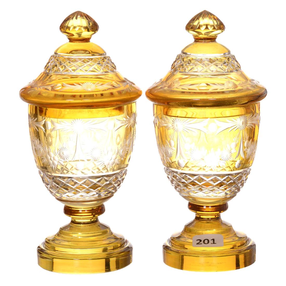 (2) Amber Cut to Clear Covered Pedestal Urns (1 of 2)
