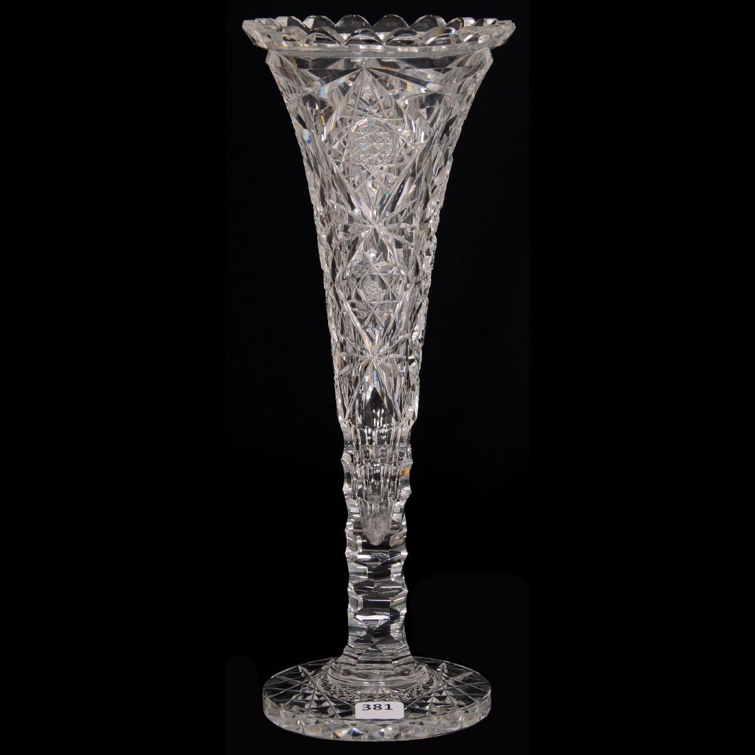 Trumpet Vase - ABCG: Trumpet Vase - ABCG 12.75" - Signed Hawkes - Hobstar, Crosscut Diamond and Fan Motif - Hobstar Foot
