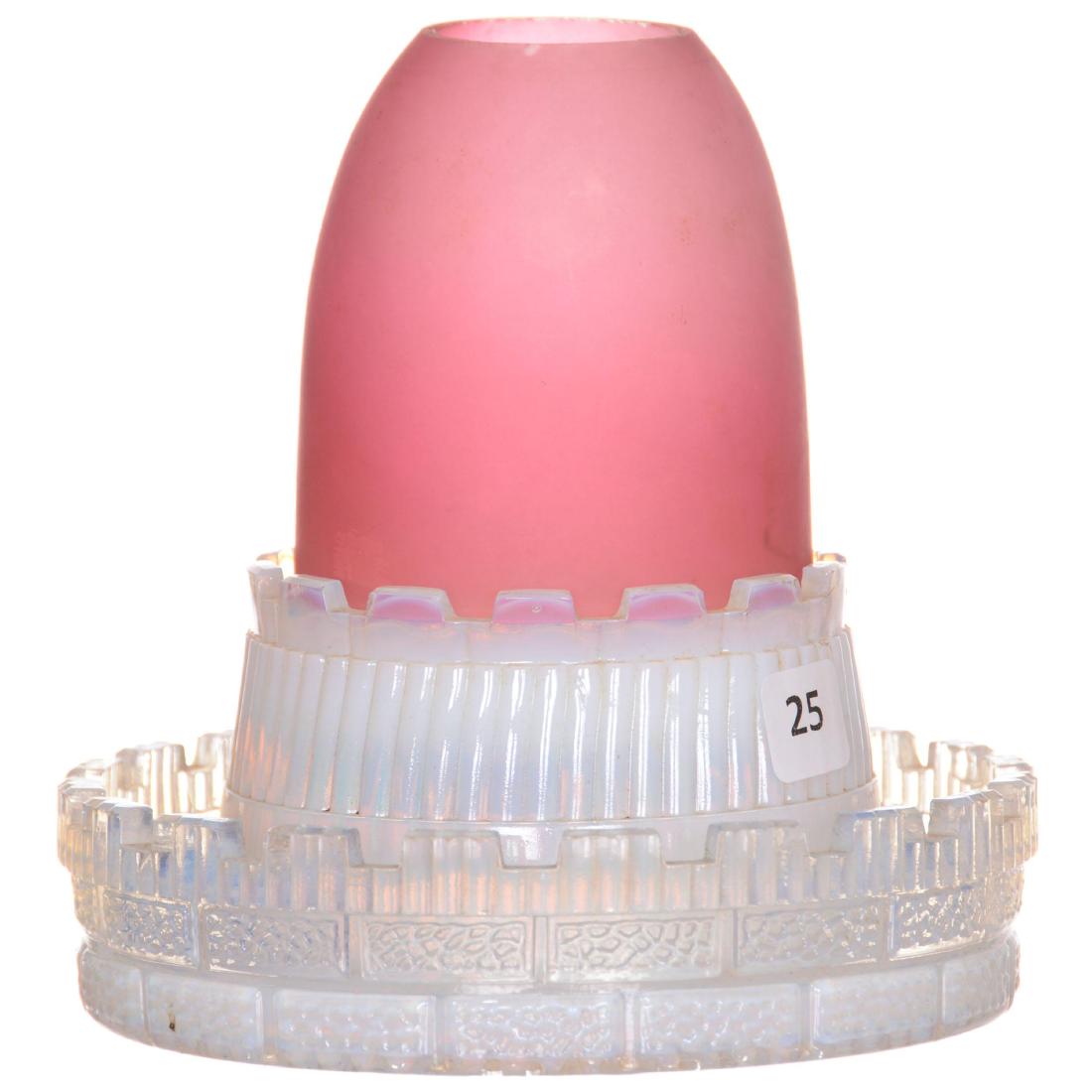 Art Glass Fairy Lamp: Art Glass Fairy Lamp 6.25" X 6" - Rare Marked "S. Clarke's" White Opalescent "Castle Turret" Base - Frosted Cranberry Shade - Base in Surprisingly Good Condition, Does Have Some Light Roughness on Few