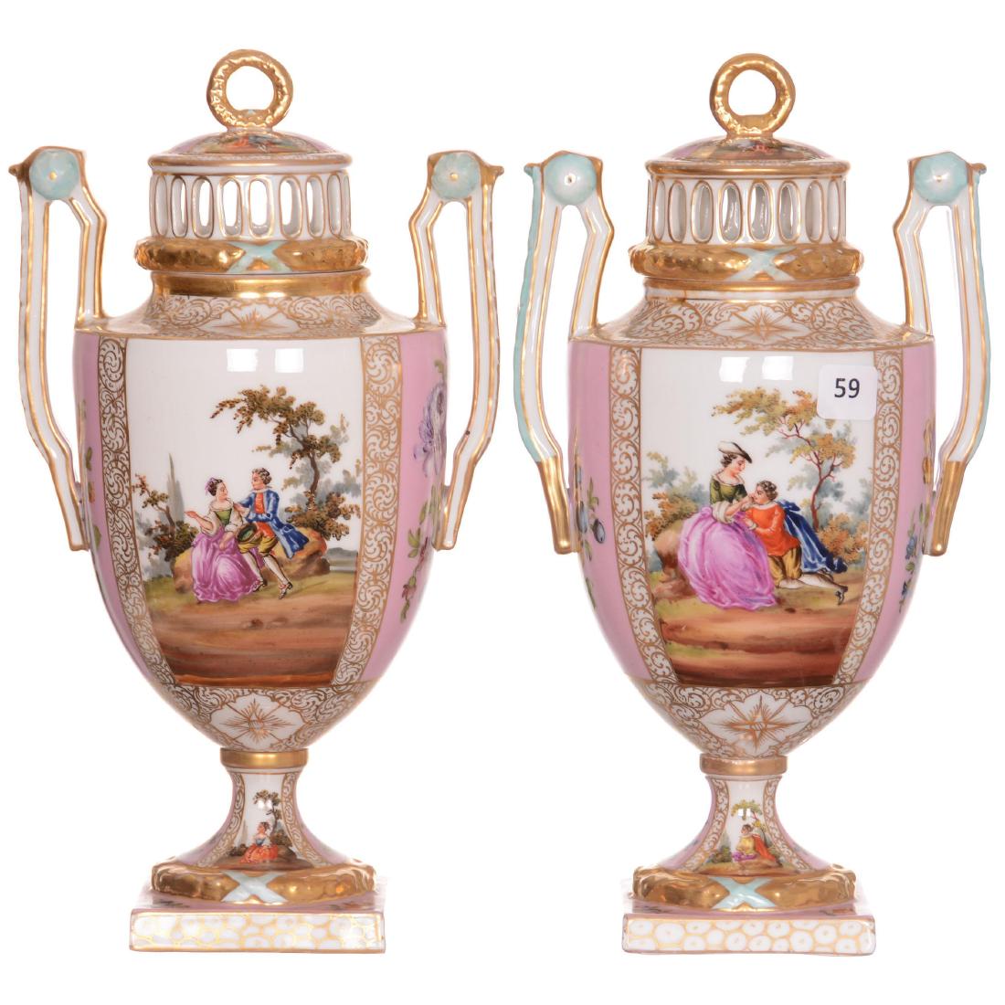 (2) Marked Dresden Pedestal Covered Urns (1 of 2)