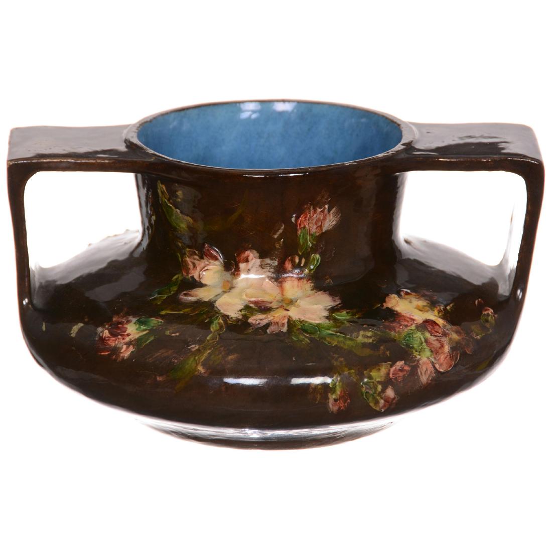 French Majolica Art Pottery Vase: French Majolica Art Pottery Vase 5" X 9.5" - Signed "MSR" (Montigny Sur Loing) - Model #114 - Dark Brown Background with Colorful Floral Design - Partial Original Label - Excellent Quality
