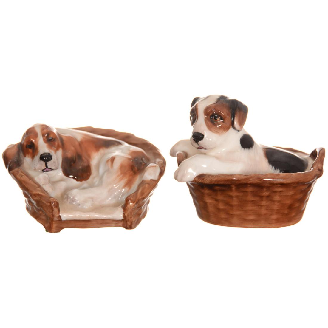 (2) Royal Doulton Dog Figurines: (2) Royal Doulton Dog Figurines Dogs in Baskets - (1) 3" X 3.5" HN#2587 - (1) 2" X 3.5" HN#2585