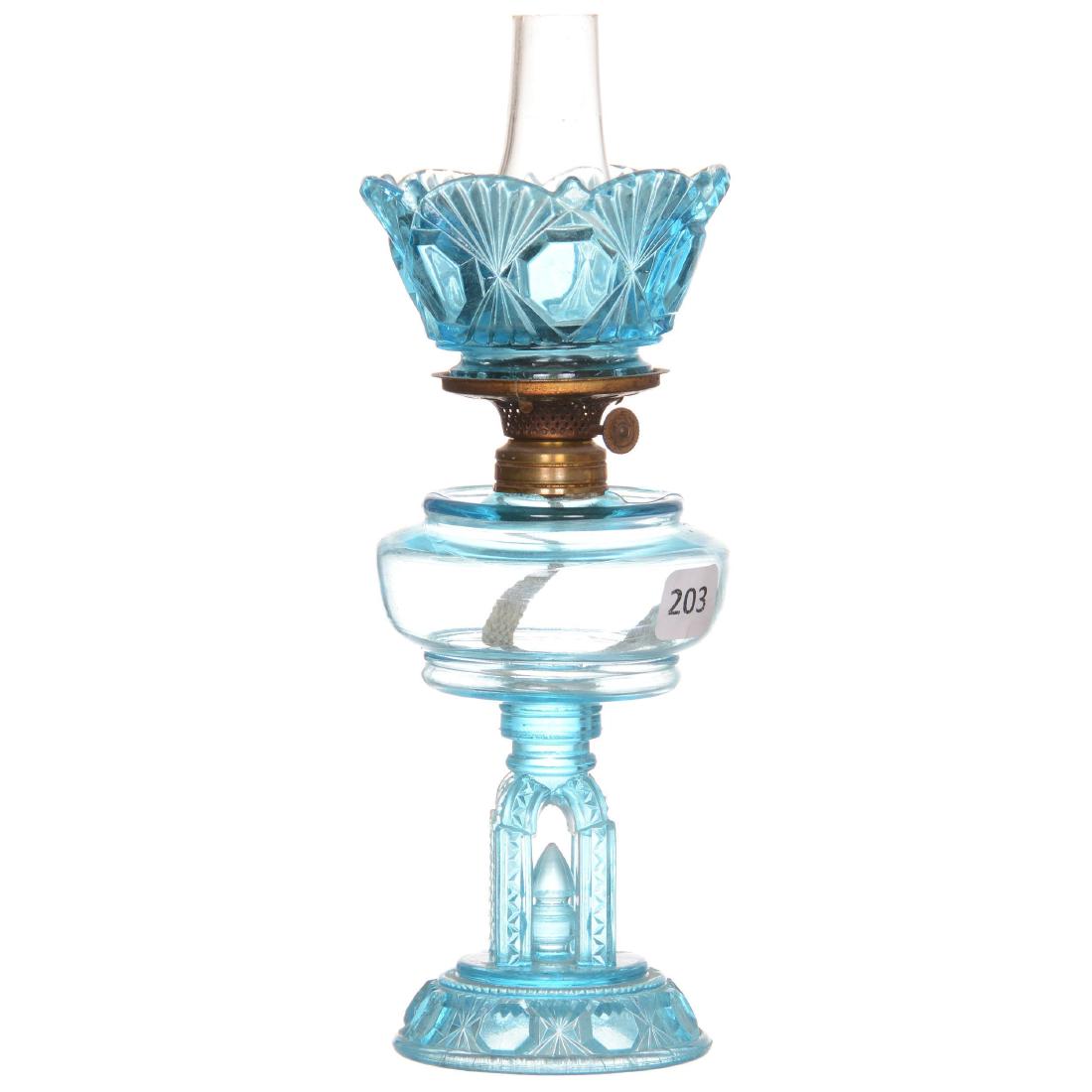 Miniature Art Glass Lamp: Miniature Art Glass Lamp 8.25" - Blue "Cathedral Lamp" Exactly as Featured in Smith Bk 1, Figure 480