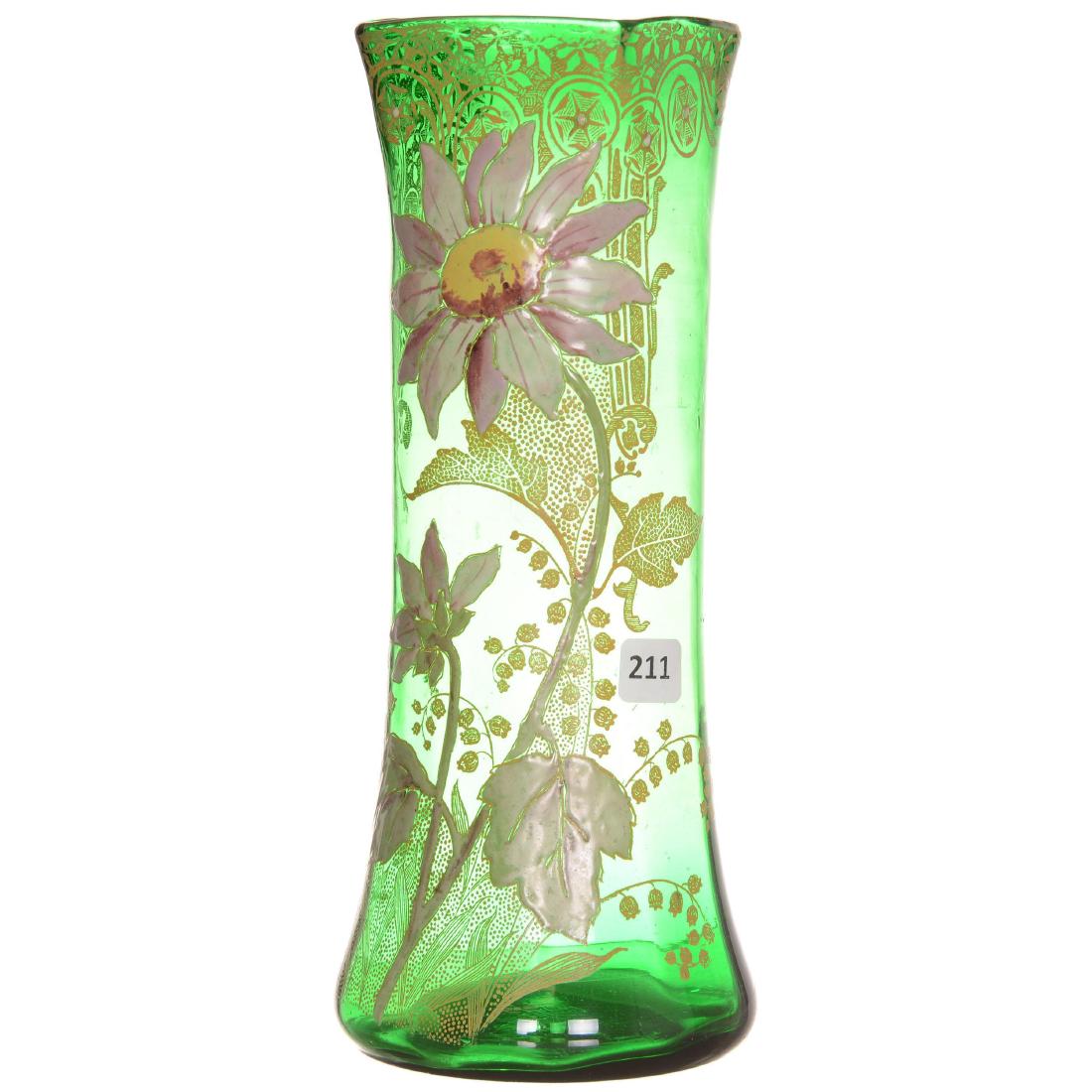 Art Glass Vase: Art Glass Vase 11.25" - Unmarked Mt. Joye Style - Square Top - Emerald Green - Enamel Sunflower Decor - Gold Stencil Highlights