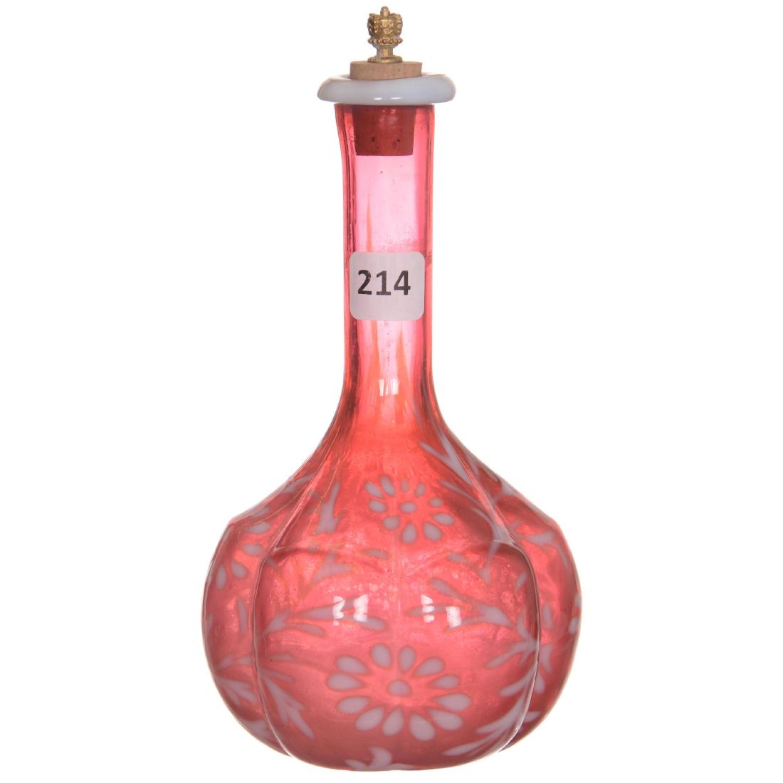 Art Glass Barber Bottle: Art Glass Barber Bottle 7" - Cranberry Opalescent Daisy and Fern