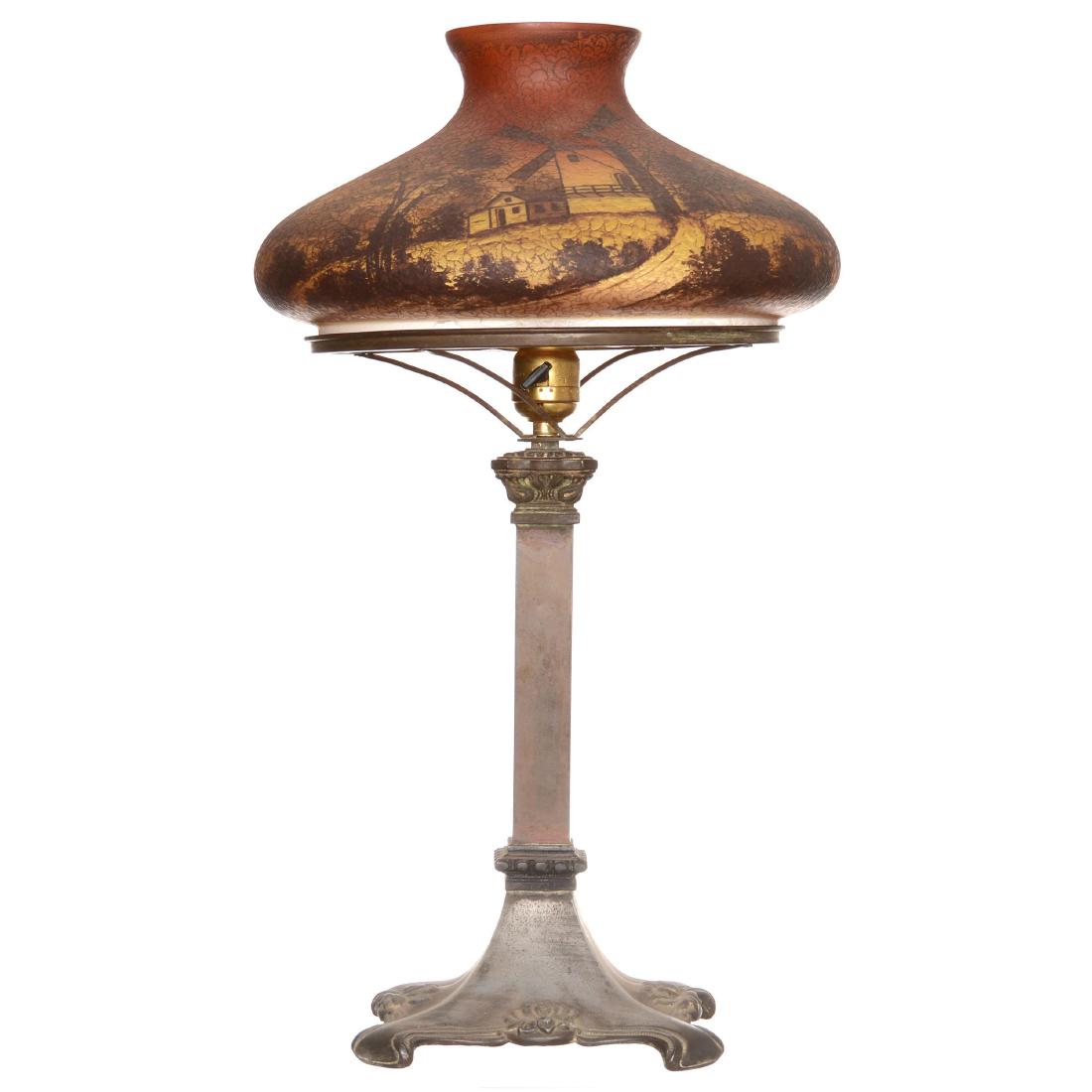 Table Lamp: Table Lamp 11.75" X 12" - Frosted Art Glass Shade with Sunset Colors and Mill Scenic Decor - Single Bulb Lighted Base