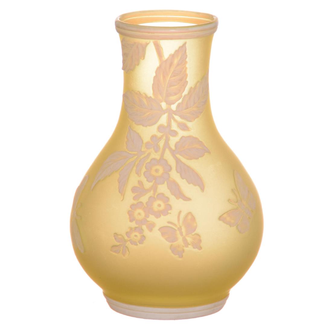 English Cameo Art Glass Vase: English Cameo Art Glass Vase 4.5" Unmarked Webb - Citrine Background with White Cameo Carved Overlay of Butterfly and Floral Decor