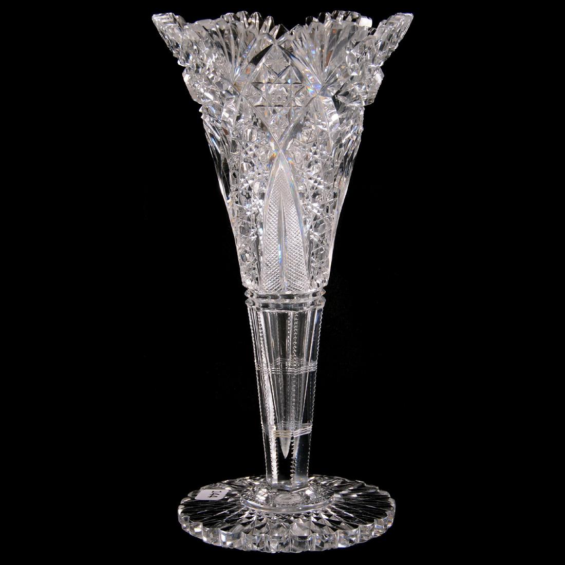 Trumpet Vase - BPCG: Trumpet Vase - Brilliant Period Cut Glass - 12" - Chrysanthemum Pattern by Hawkes - Scalloped Hobstar Foot - Nice Quality