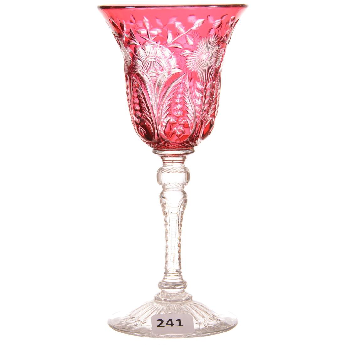 Rhine Wine: Rhine Wine 6.75" - Cranberry Cut to Clear - Notched Teardrop and Engraved Floral Motif - Clear Stem and Base - Same Pattern as Lot #240, #242, #243