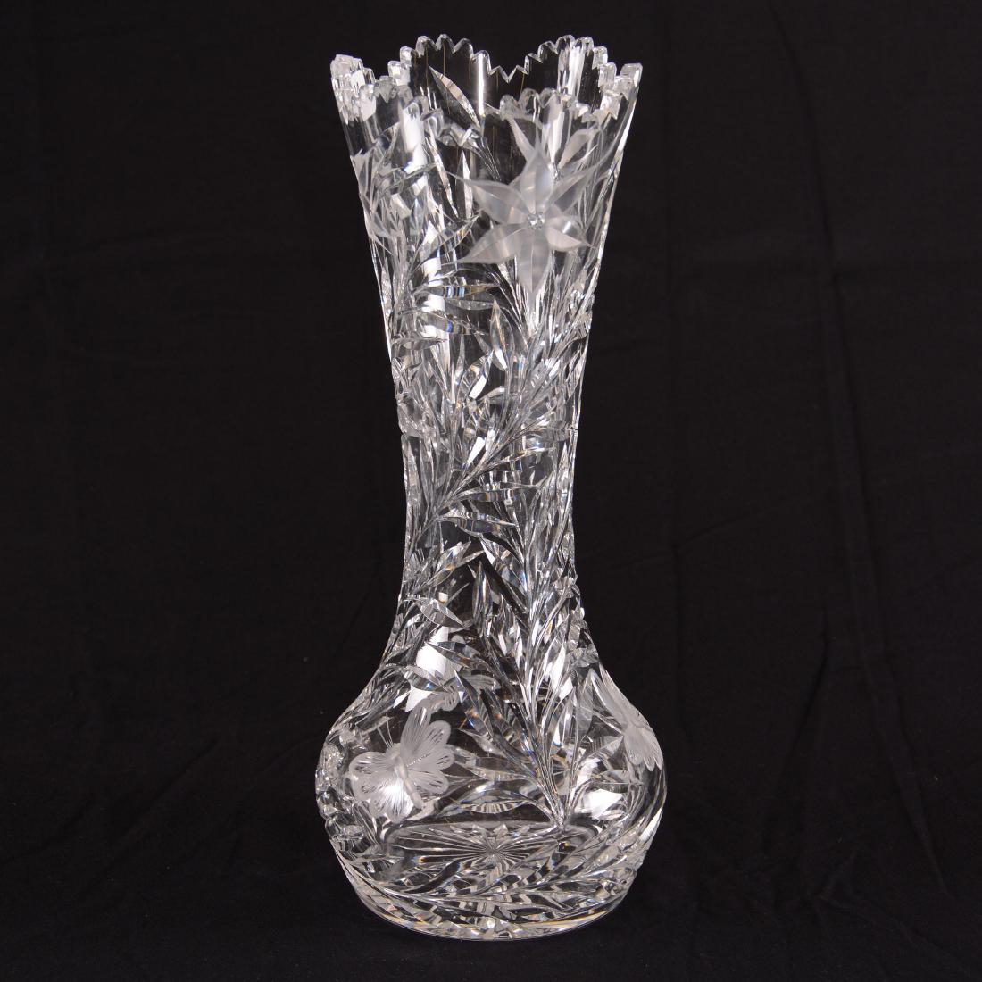 Vase - BPCG: Vase - Brilliant Period Cut Glass - 14" - Diamond Poinsettia Pattern by Ideal Cut Glass - Features Butterfly and Floral Motif - Ray Cut Base - (1) Tooth Has A Small Chip on top