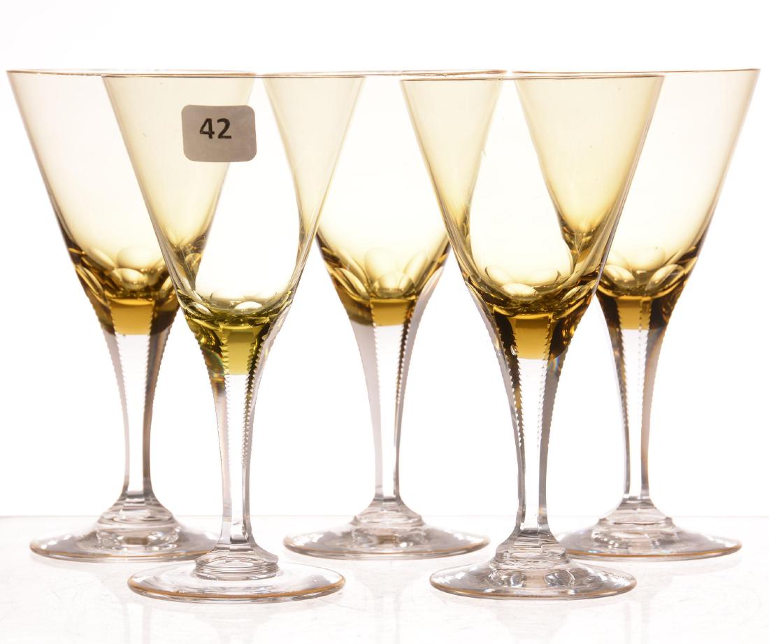 (5) Cocktail Glasses - BPCG: (5) Cocktail Glasses - Brilliant Period Cut Glass - 5.75" - Probably European - Solid Amber Bowls with Solid Notched Stem and Uncut Foot - Gold Stencil Rims on Bowl and Foot