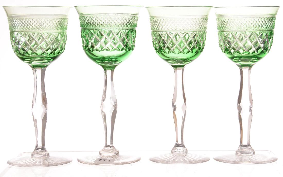 (4) Rhine Wine Glasses: (4) Rhine Wine Glasses 7" - Green Cut to Clear - Diamond and Strawberry Diamond Motif - Ray Cut Foot - Possibly Webb