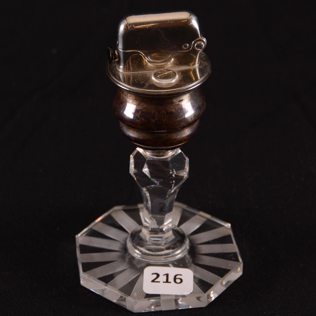 Pedestal Automatic Lighter - BPCG: Pedestal Automatic Lighter - Brilliant Period Cut Glass - 5.5" - Signed Hawkes - Octagonal Base with Millicent Stripe Highlights - Sterling Well is Marked Hawkes - Push Button Automatic Lighting Mecha