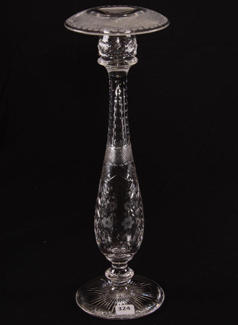 Candlestick - BPCG: Candlestick - Brilliant Period Cut Glass - 14" - Hollow Body with Engraved Floral, Strawberry Diamond and Punte Motif - Ray Cut Base - Clear Blank - Rolled Rim