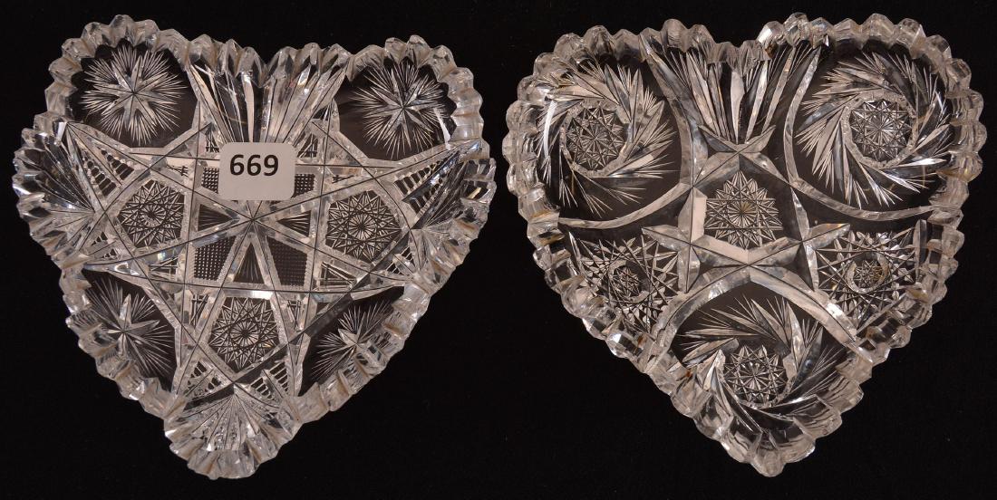(2) Heart Shaped Bon-Bons - BPCG: (2) Heart Shaped Bon-Bons - Brilliant Period Cut Glass - (1) Hobstar, Strawberry Diamond, Star and Fan Motif (Tooth Chips) - (1) Hobstar and Pinwheel Motif