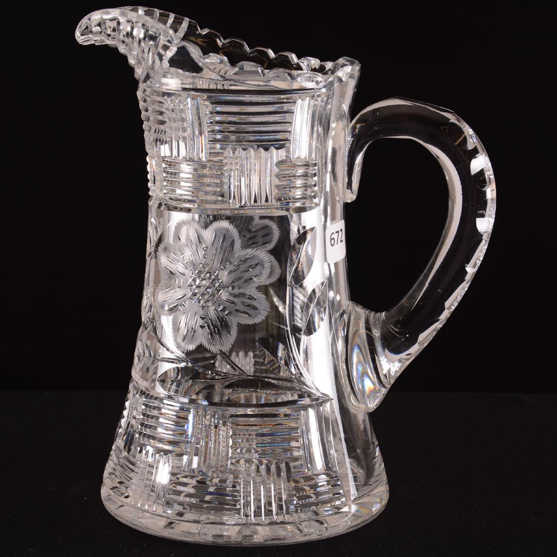 Pitcher - BPCG: Pitcher - Brilliant Period Cut Glass - 9" - Basketweave and Intaglio Floral Design - Double Notched Handle - Ray Cut Base