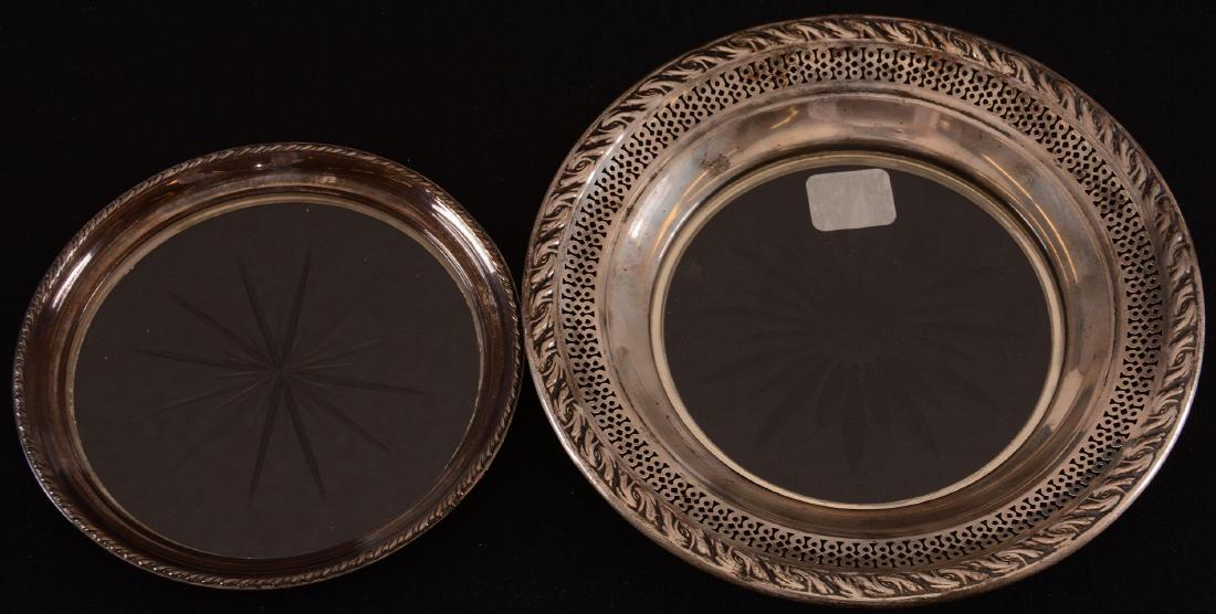 (2) Coasters - BPCG: (2) Coasters - Brilliant Period Cut Glass - (1) 5" - (1) 6.5" - Both Have Simple Etched Center with Sterling Rim