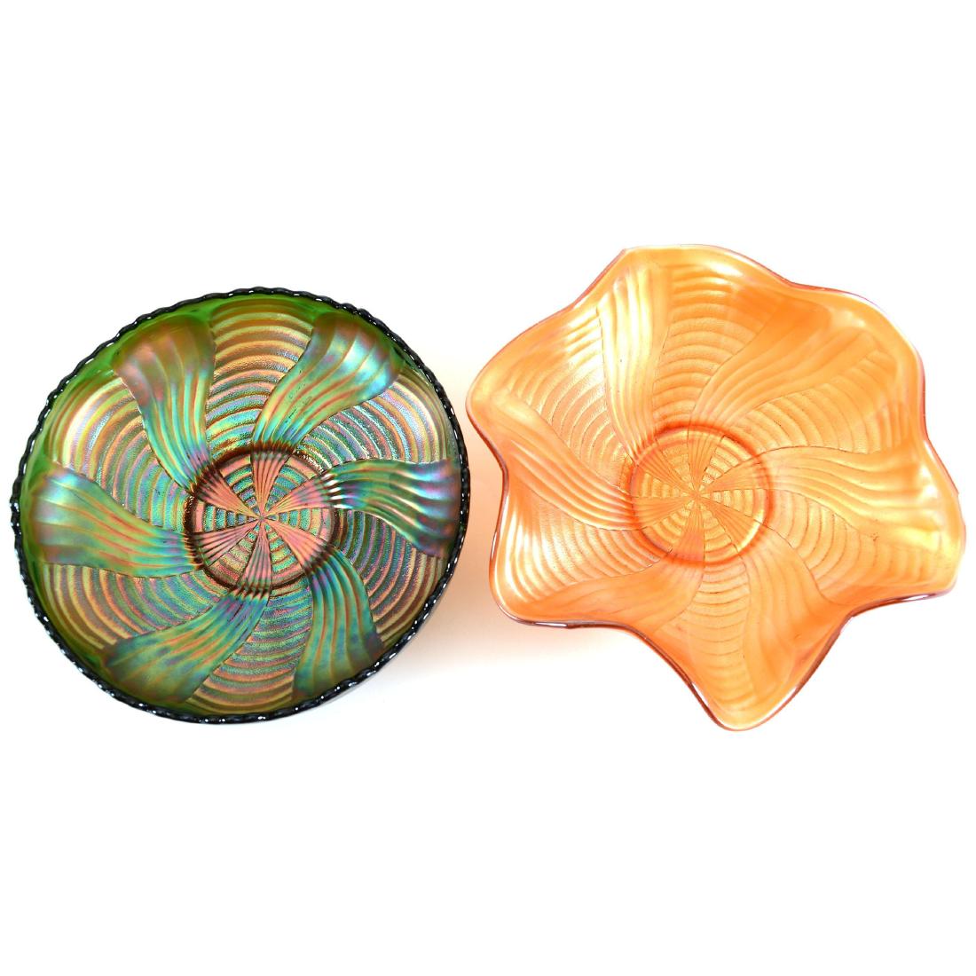 Carnival Glass Bowls (2): Carnival Glass Bowls - Ribbon Tie by Fenton - (1) 9" Marigold, Ruffled - (1) 7.75" Green, Ice Cream Shape