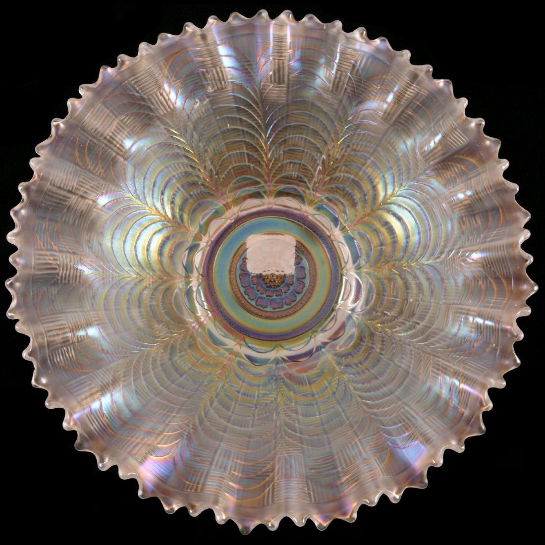 Carnival Glass Bowl - 8.5": Carnival Glass Bowl - 8.5" - Nippon by Northwood - Basketweave Exterior - White - Pie Crust Edge