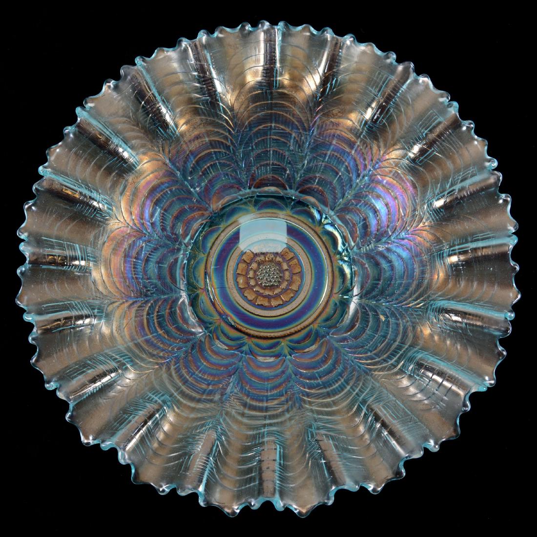 Carnival Glass Bowl - 8.5": Carnival Glass Bowl - 8.5" - Nippon by Northwood - Basketweave Exterior - Ice Blue - Pie Crust Edge