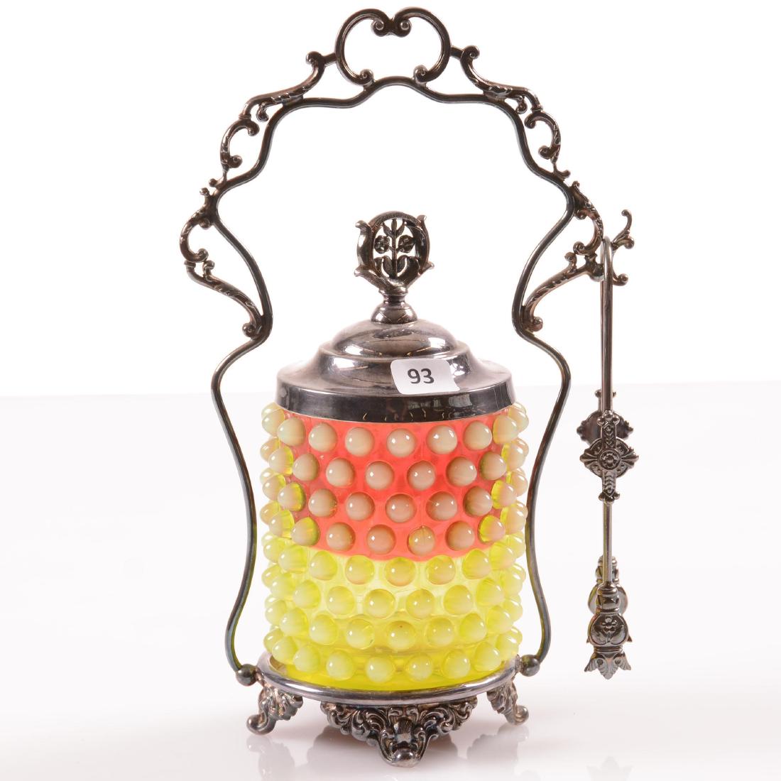Pickle Castor -Cranberry Vaseline Opal Hobnail Insert (1 of 4)