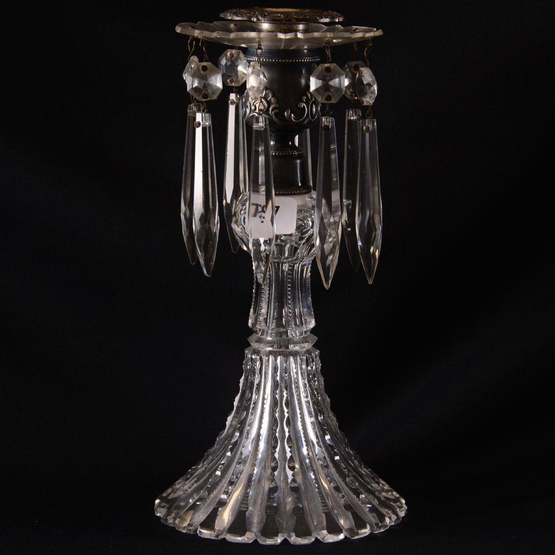 Candle Lustre - American Brilliant Cut Glass - 9": Candle Lustre - American Brilliant Cut Glass - 9" Hollow Petticoat Base with Prism Cut Motif - Silverplate Fittings
