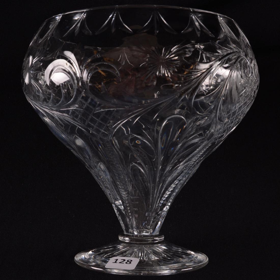 Tazza Vase - Brilliant Period Cut Glass - 7.25" X 7.5": Tazza Vase - Brilliant Period Cut Glass - 7.25" X 7.5" Rococo and Engraved Floral Scroll Design - Pattern Cut Foot - Rolled Rim