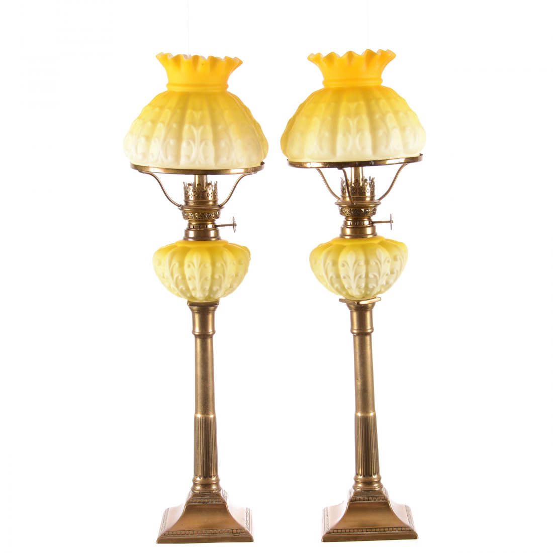 Pair Peg Lamps - Yellow Satin & Brass - 20" (1 of 4)