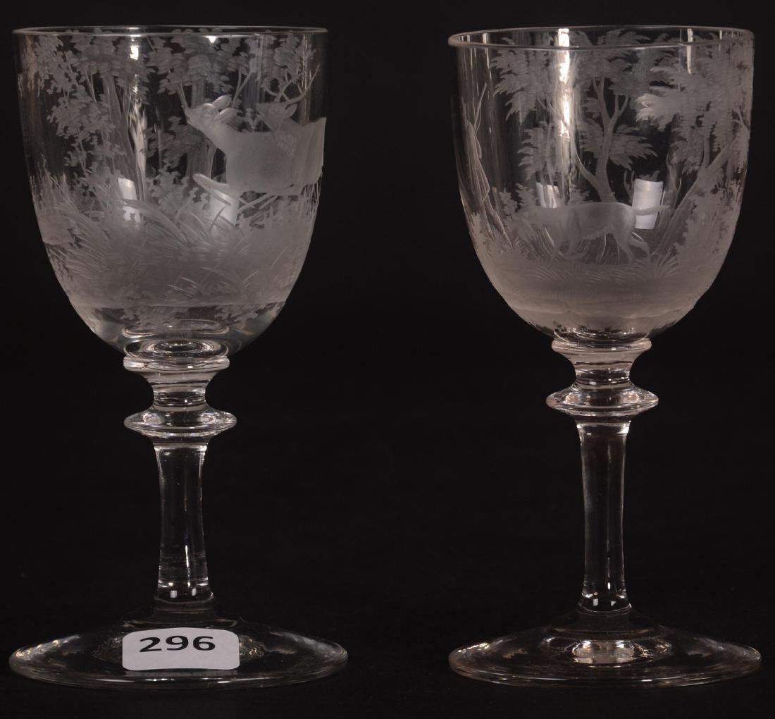 (2) Wines - Bohemian Art Glass - 4.75": (2) Wines - Bohemian Art Glass - 4.75" Including (1) Featuring Engraved Stag and Deer Running Through Trees - (1) Featureing Hunter with Bird Dog Retrieving Game - Both Have Nice Detail