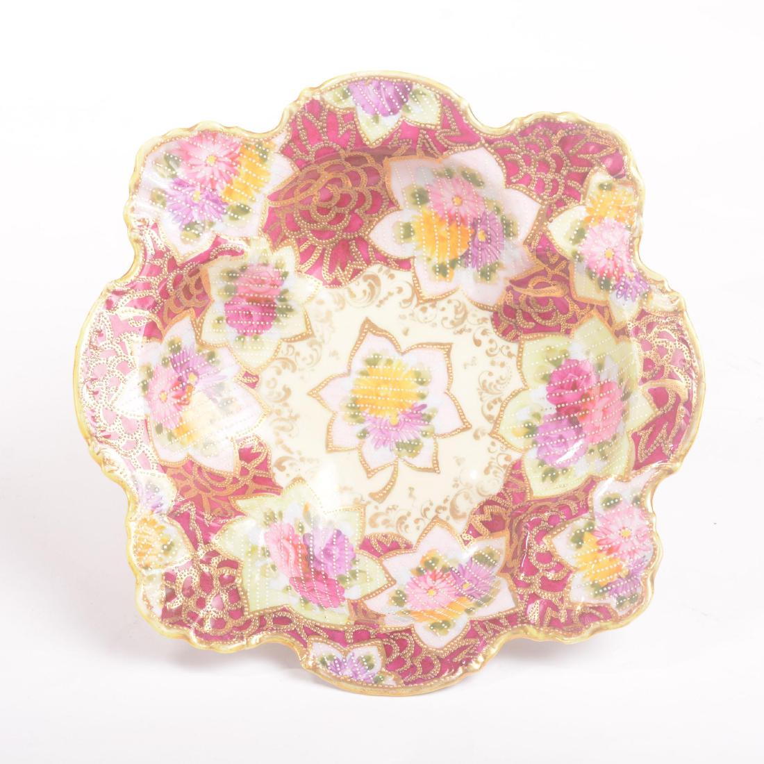 Unmarked Nippon Style Square Bowl - 8.75": Unmarked Nippon Style Square Bowl - 8.75" Yellow and Maroon Tones with Floral Decor and Gold Stencil Highlights