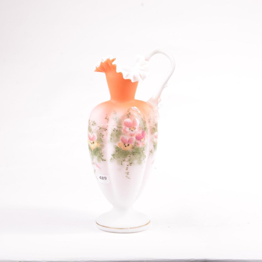Ewer - Apricot Satin Art Glass - 13": Ewer - Apricot Satin Art Glass - 13" Pedestal - Enamel Pansy Decor - Frosted Applied Handle