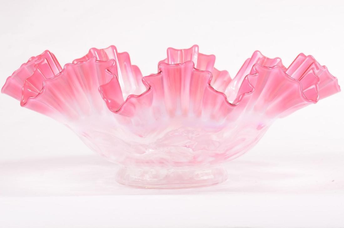 Brides Bowl - Cranberry Opalescent Art Glass - 10.75": Brides Bowl - Cranberry Opalescent Art Glass - 10.75" Floral Design - Ruffled Rim - 3.625" Base Diameter