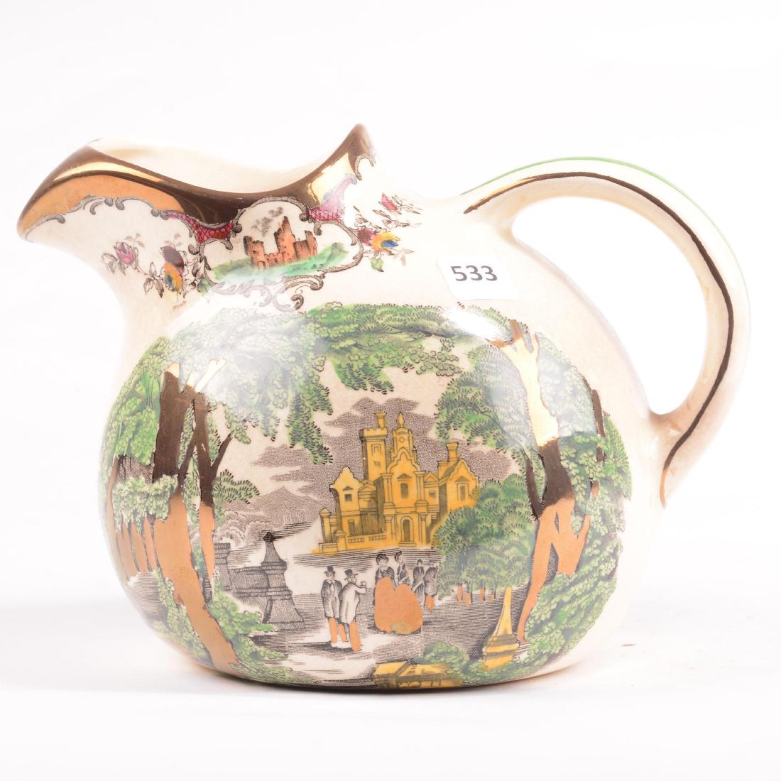 Pitcher - Mason's Ironstone - 6": Pitcher - Mason's Ironstone - 6" Antique Reproduction - Classic Courtyard Scenes with Copper Lustre Highlights