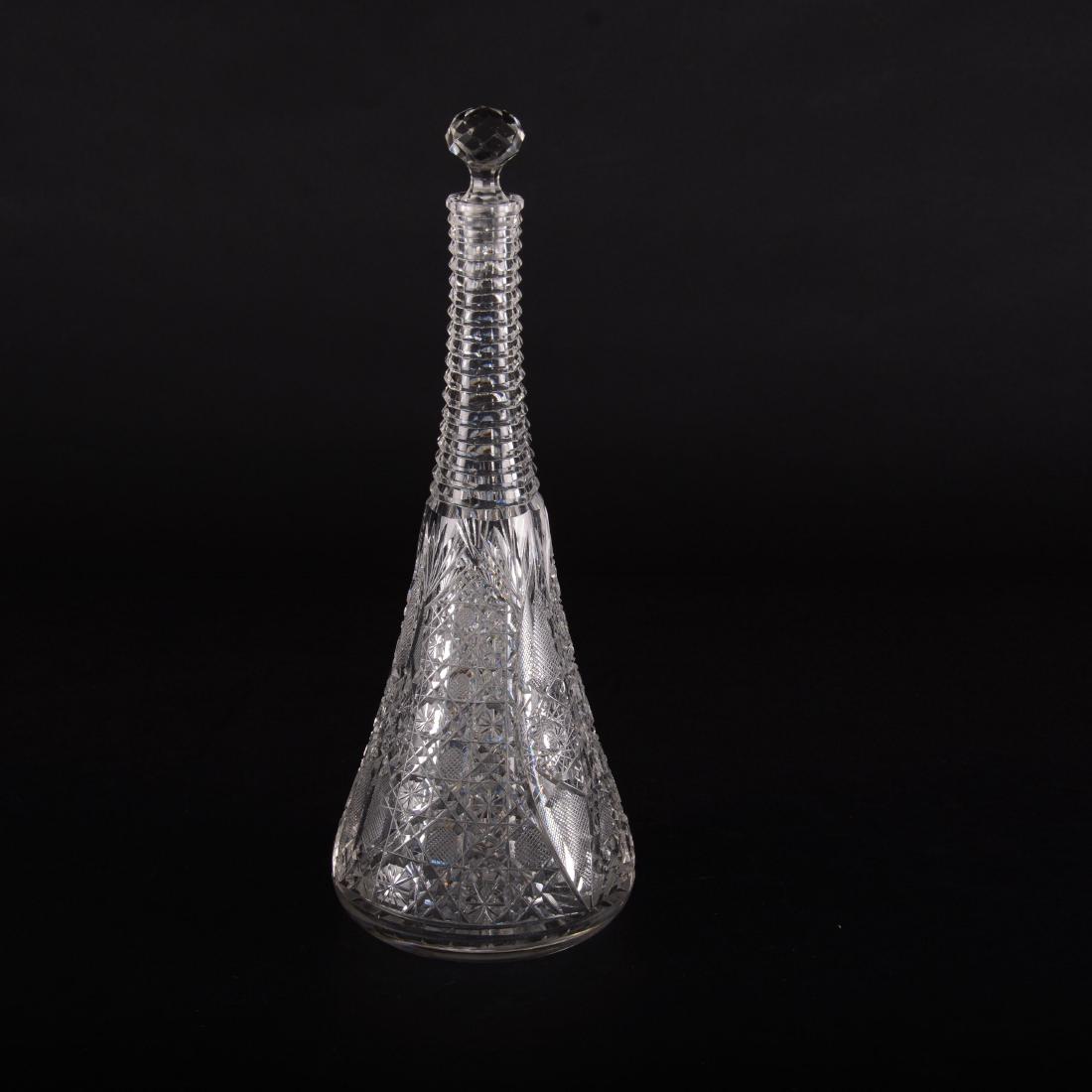 Decanter - American Brilliant Cut Glass - 13.5": Decanter - American Brilliant Cut Glass - 13.5" Cane, Vesica, Strawberry Diamond, Hobstar and Fan Motif - Ray Cut Base - Step Cut Neck - Some White Interior Residue - Replacement Stopper