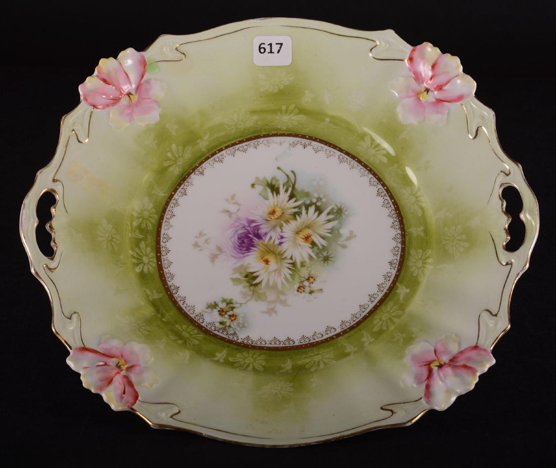Cake Plate - Unmarked Prussia - 11.25": Cake Plate - Unmarked Prussia - 11.25" Floral Mold - White Center with Green Border - Pink Floral Highlights
