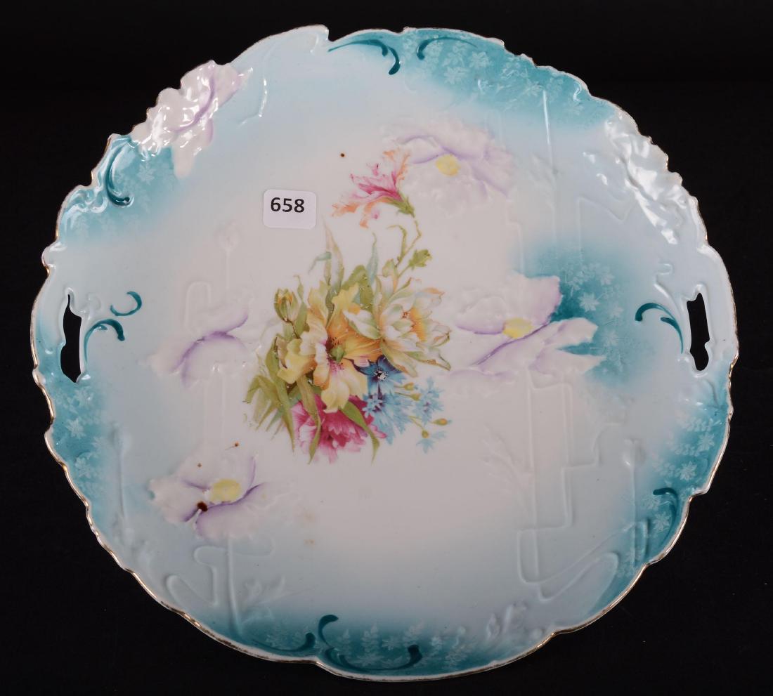 Cake Plate - Unmarked Prussia - 11": Cake Plate - Unmarked Prussia - 11" Blue and White with Floral Decor - Embossed Poppy Mold