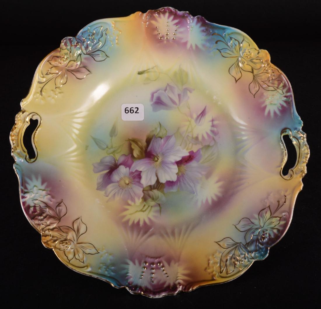 Cake Plate - Unmarked Prussia - 11": Cake Plate - Unmarked Prussia - 11" Mold #339 - Yellow, Blue and Lavender Tones with Violet Floral Decor