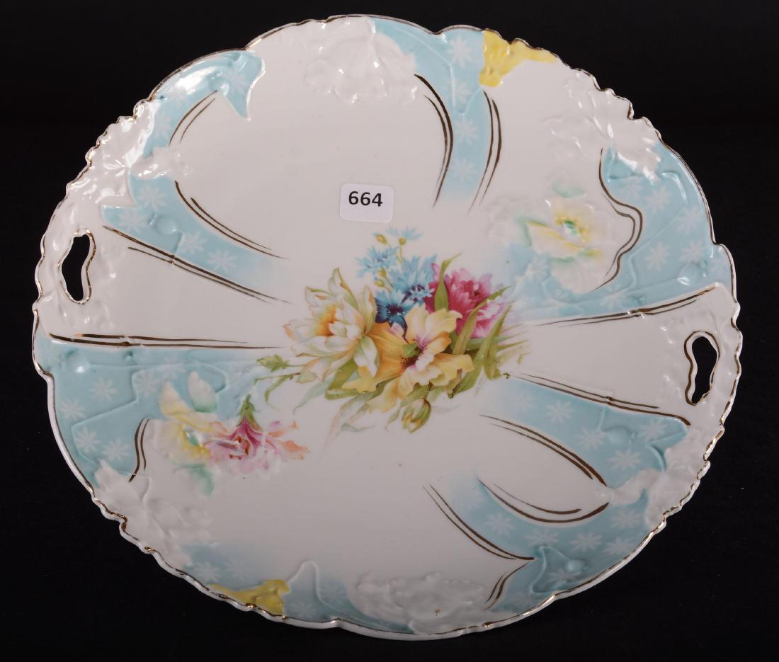 Cake Plate - Unmarked Prussia - 11": Cake Plate - Unmarked Prussia - 11" Blue and White with Wild Floral Decor - Unique Poppy Mold