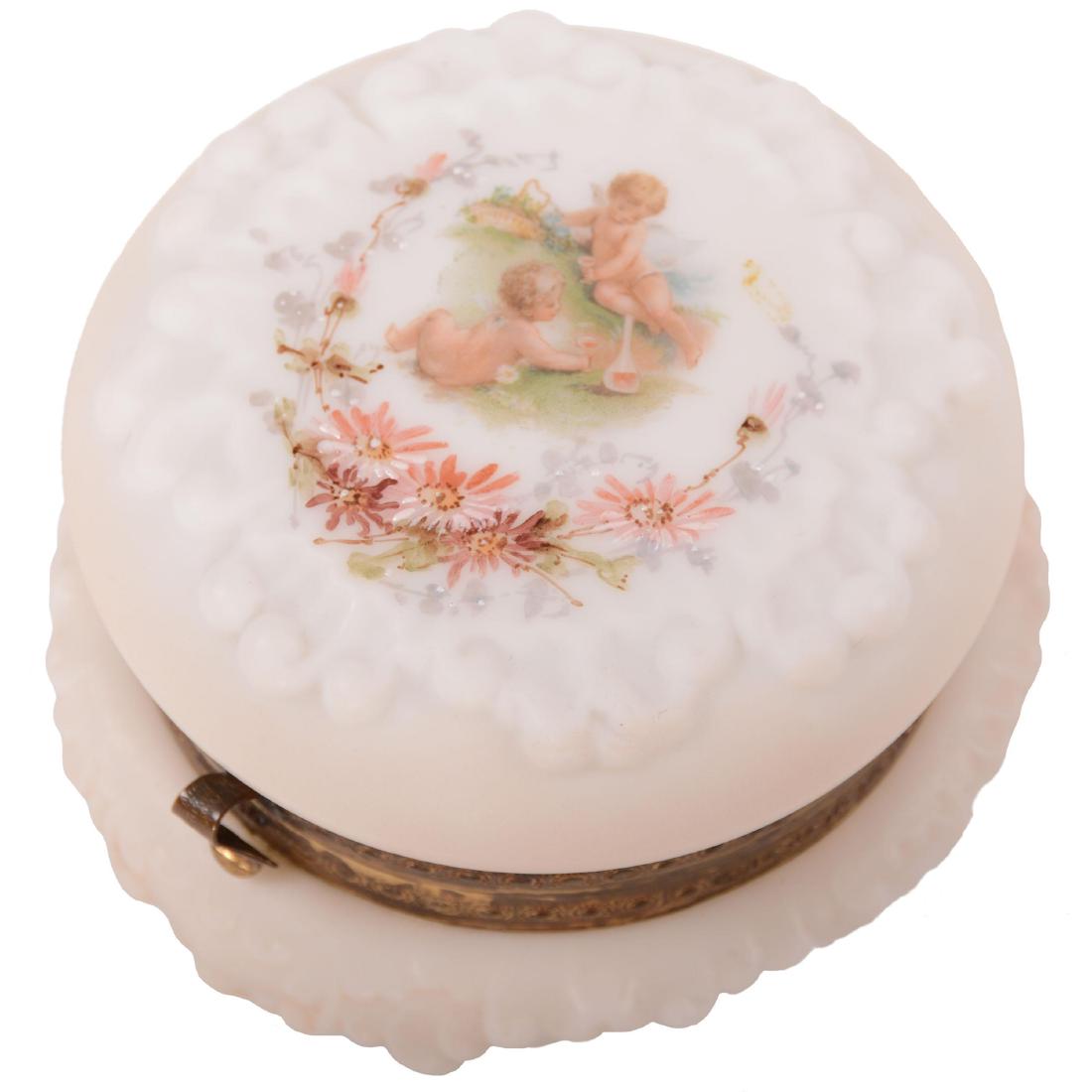 Jewel Box - Wave Crest Stamp Mark - 3" X 4": Jewel Box - Wave Crest Stamp Mark - 3" X 4" White and Pale Beige Tones with Floral and Cherubs Drinking Wine - Embossed Mold