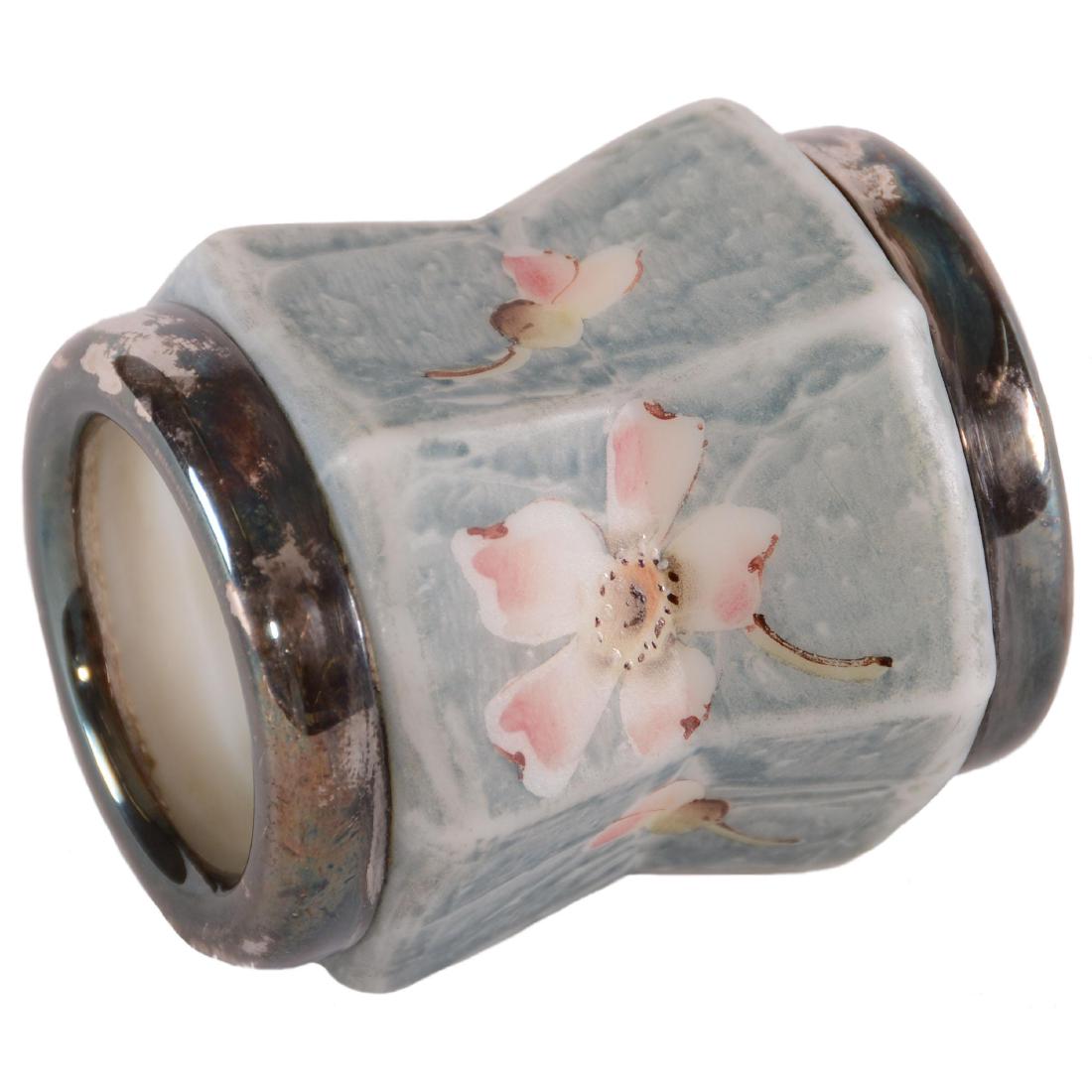 Napkin Ring - Unmarked Kelva - 2.5": Napkin Ring - Unmarked Kelva - 2.5" Six-Sided - Blue Mottled Background with Pink Floral Decor - Silverplate Rim