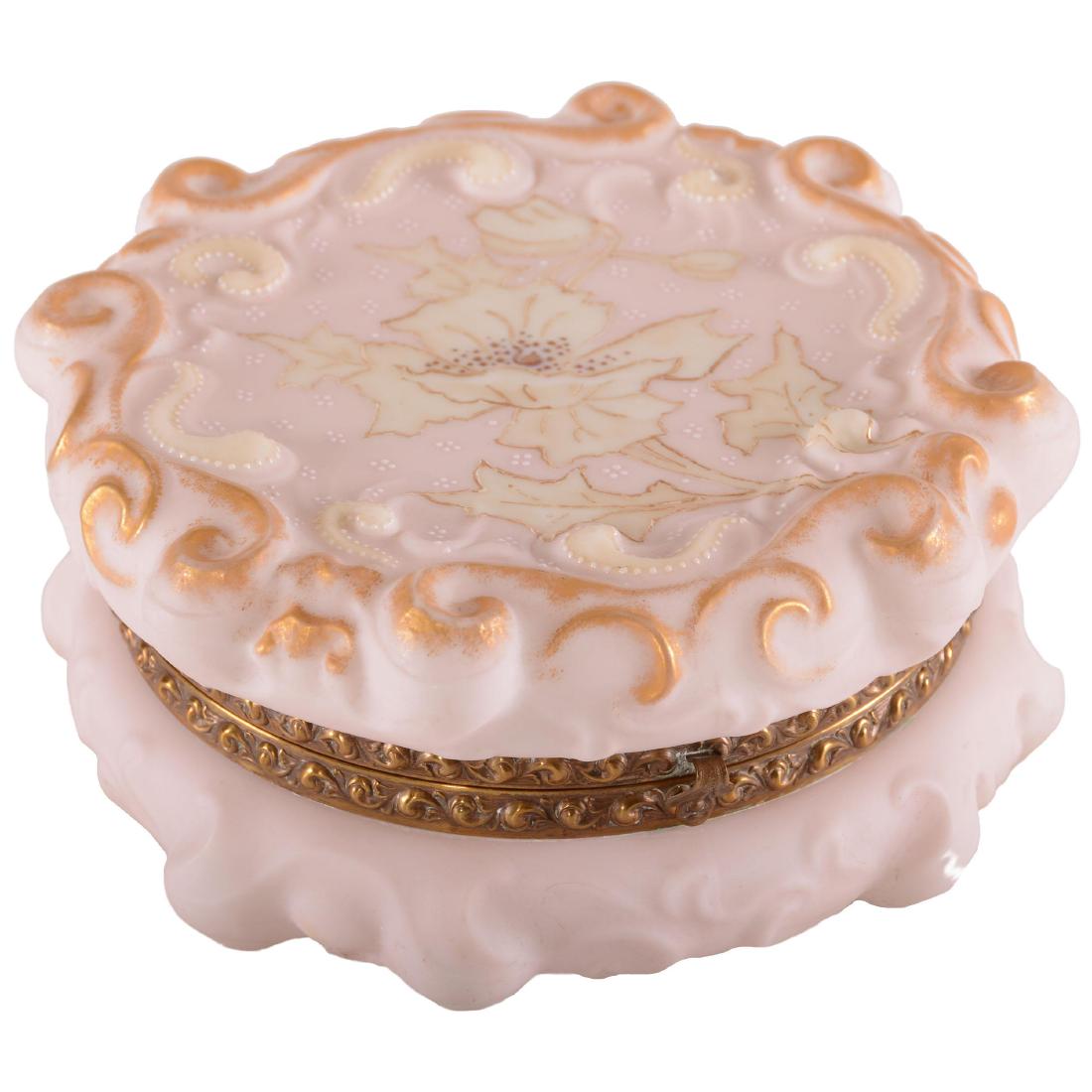 Dresser Box - Wave Crest Stamp Mark - 3.5" X 7.25": Dresser Box - Wave Crest Stamp Mark - 3.5" X 7.25" Pink Tones with White Poppy Decor - Gold Stencil and White Enamel Tapestry Highlights - Elaborate Scroll Mold - Pretty Box