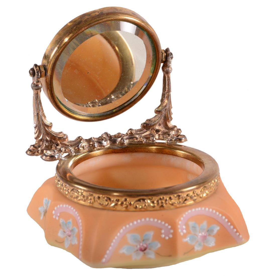 Mirror Tray - Marked Nakara - 5" X 4": Mirror Tray - Marked Nakara - 5" X 4" - Apricot with Blue Floral Decor - Pink Trim with White Enamel Beaded Highlights