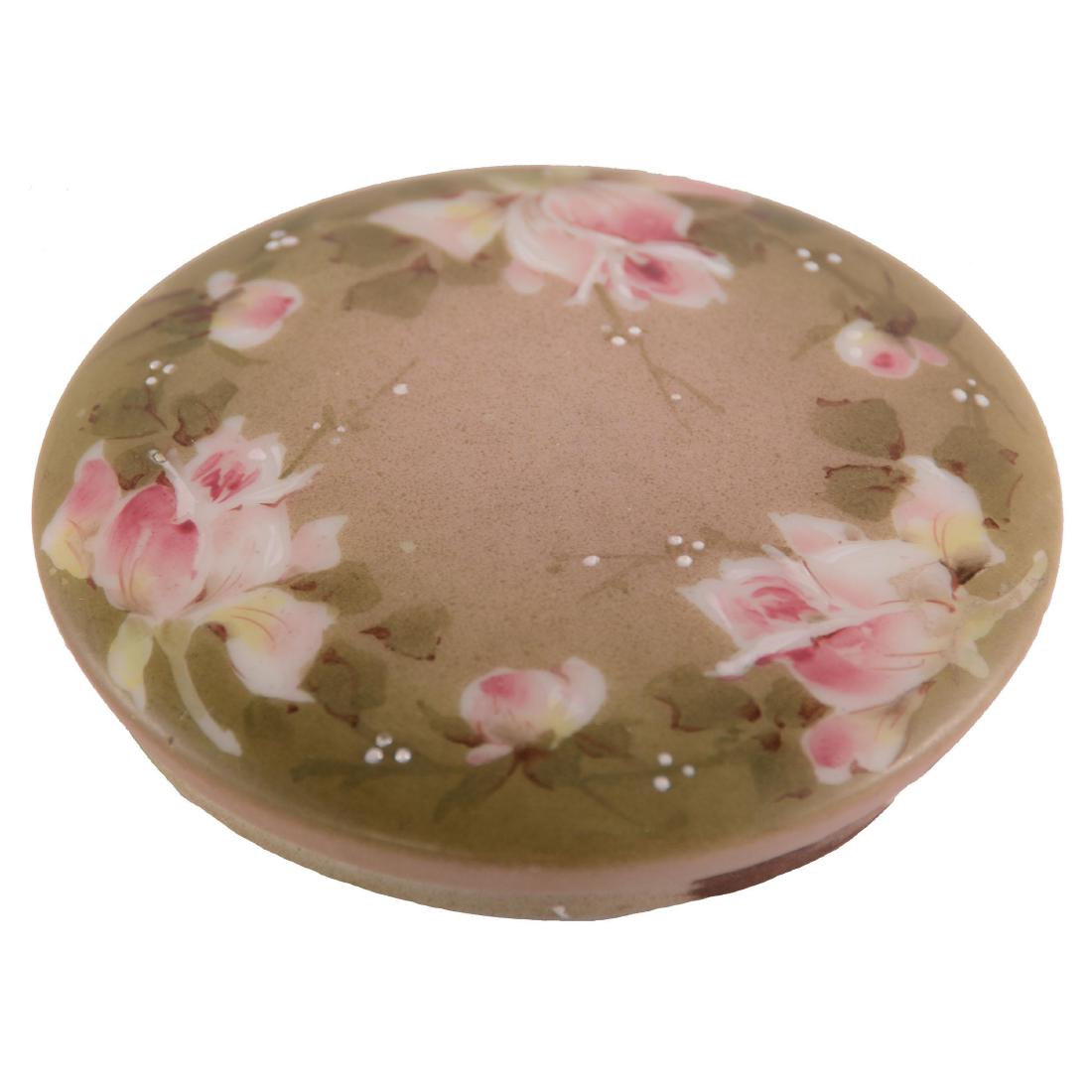 Factory Sample Lid - Unmarked Nakara - 3.75": Factory Sample Lid - Unmarked Nakara - 3.75" Green Tones with Rose Decor - Interior of Lid Marked "Sample" - Dated 1909 - Model #479